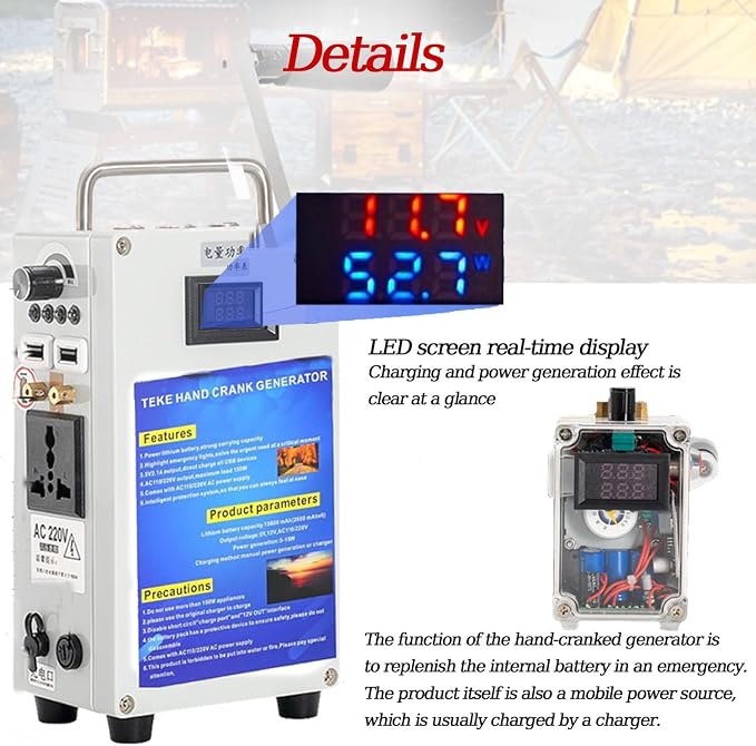 Generator Hand Crank and Power is 50W (Maximum),for Household and Outdoor Emergency,with Hand Shank and Charger,Outdoor Generato 27AH/200W