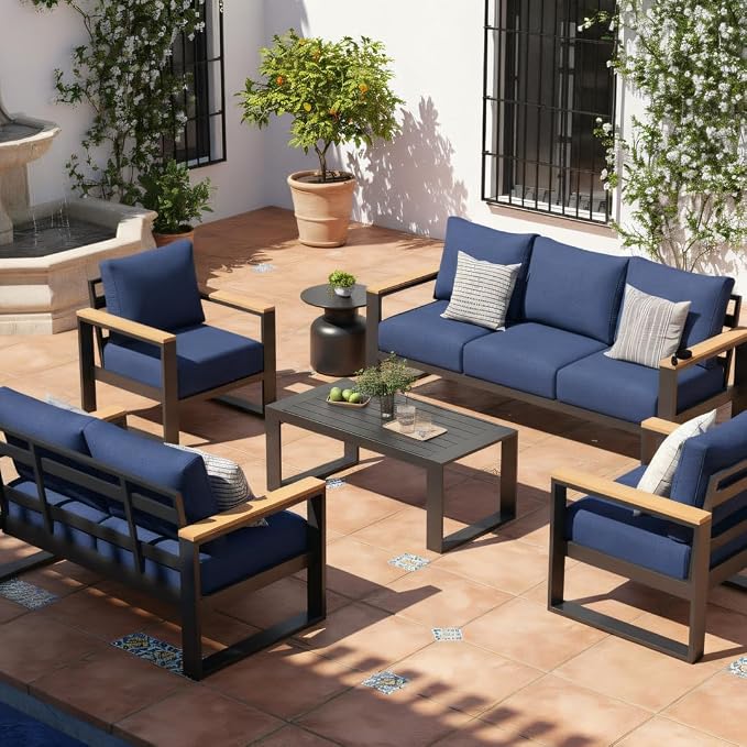 Sundale Outdoor Aluminum Patio Furniture Set, 5 Piece Outdoor Conversation Sets with Coffee Table and 6" Thick Olefin Cushions, All Weather Outdoor Sectional Set for Deck, Lawn, Yard (Navy Blue)