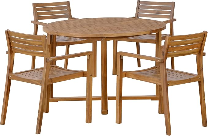 5-Piece Outdoor Patio Dining Set, All-Weather Acacia Wood 47.2" Round Dining Table with 4 Armchairs and Slatted Design for Backyard, Balcony, Garden, Poolside (Natural-4.11)