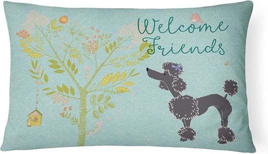 Caroline's Treasures BB7615PW1216 Welcome Friends Black Poodle Canvas Fabric Decorative Pillow Machine Washable, Indoor Outdoor Decorative Pillow for Couch, Bed or Patio, 12HX16W