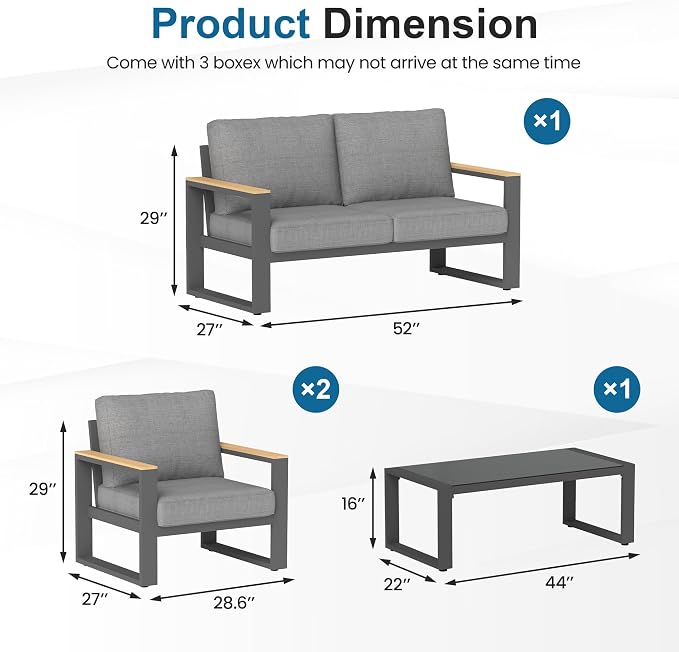Aluminum Outdoor Patio Furniture Set with Height-adjustable Footrest for Lawn Porches Patio, 4-Seats All-weather Patio Sofa Sets with Coffee Table, Modern Outdoor Patio Conversation set, Grey