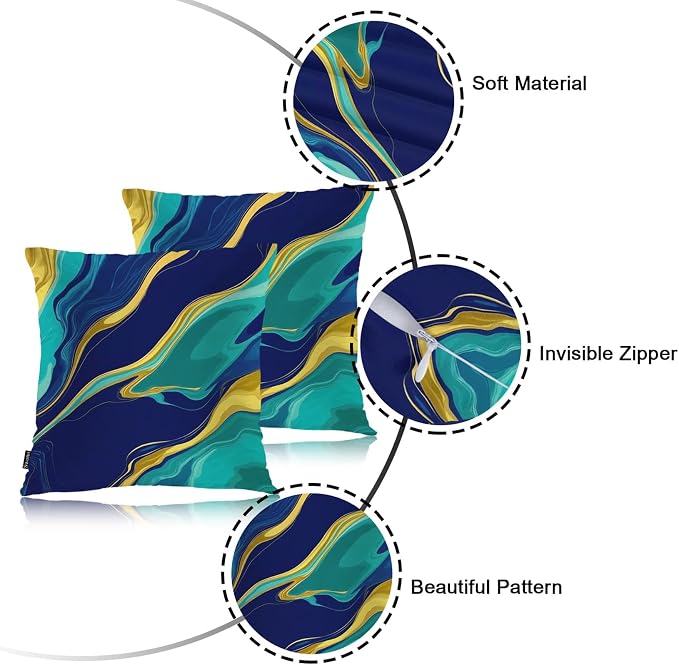 Swono Home Decorative Throw Pillow Covers Marble Pattern, Abstract Swirl Marble Stone Set of 2 Pillow Case Cushion Cover for Sofa Couch Bed Farmhouse Pillows Covers Decor 18x18 Inch, Blue Gold