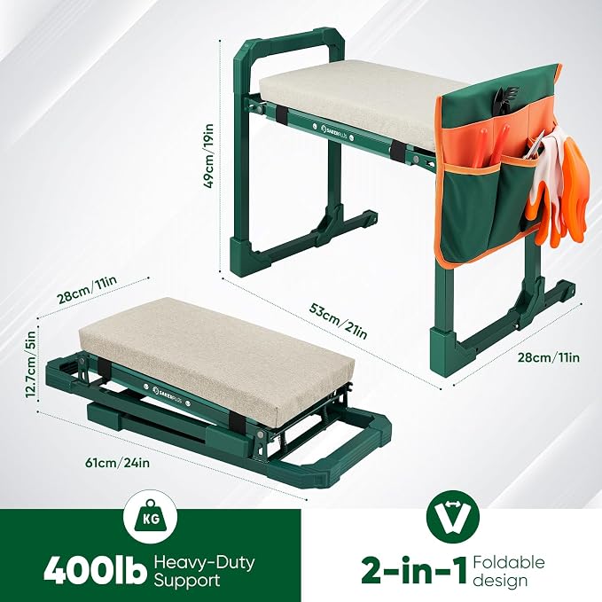 SakerPlus Garden Kneeler and Seat,Heavy Duty Foldable Garden Stool with 10-Inch Thickened Pad, Extendable Legs, Tool Bag and Storage Bag,Gardening Gift Choice for Women Mom Men Seniors