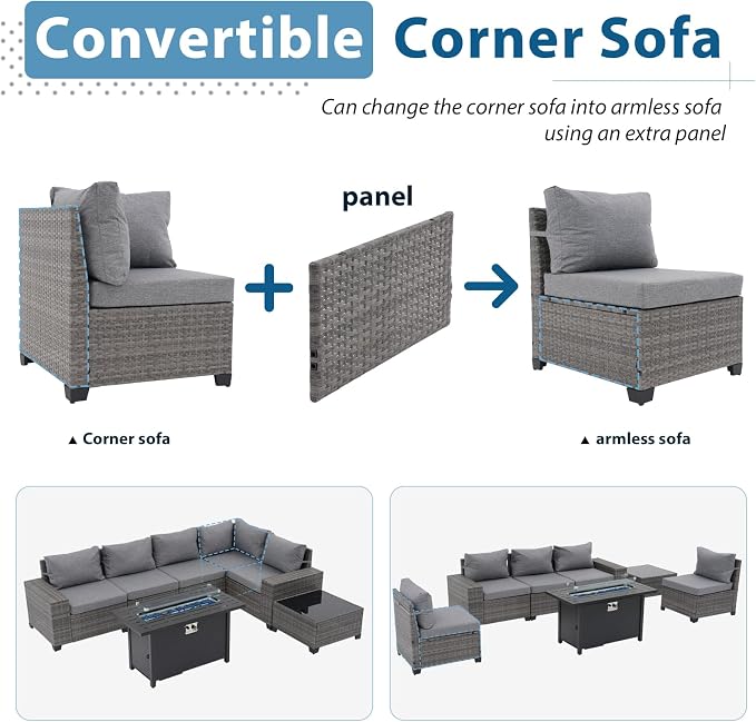 JOIVI 7 Pieces Outdoor Patio Furniture Set with 45” Fire Pit Table, Rattan Patio Sectional Sofa Conversation Set with 50000BTU Propane Fire Pit and Coffee Table for Garden, Backyard, Deck, Gray