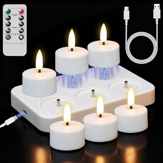 Rechargeable Tea Lights Candles with Remote Timer & Charging Base, 6pcs Battery Operated LED Candles Tea Lights Flameless for Halloween Decorations Wedding Home DecorΦ 1.57" H 1.85"