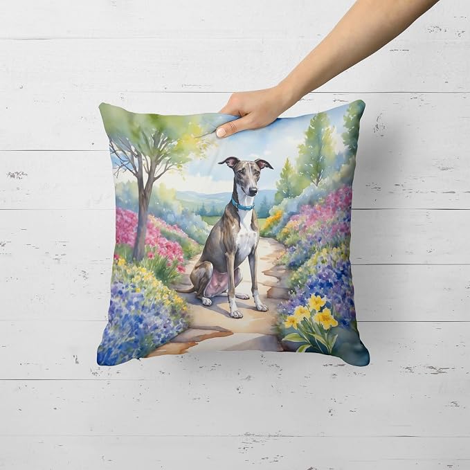 Caroline's Treasures Greyhound Spring Path Throw Pillow Machine Washable, Indoor Outdoor Decorative Pillow for Couch, Bed or Patio, 18Hx18W