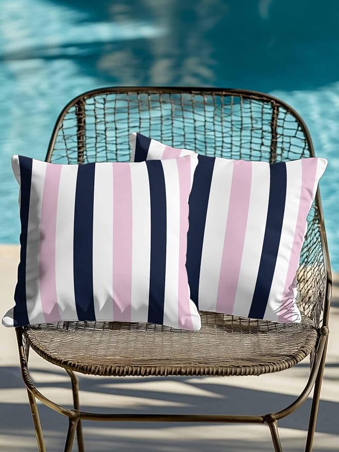 Outdoor Pillows Waterproof, Pink Navy Blue Striped Bedding Throw Pillows with Insert for Couch Sofa Bed, Farmhouse Stripe Art 18x18 Inch Pillowcases Decorative Camping Patio Pillow Set of 2