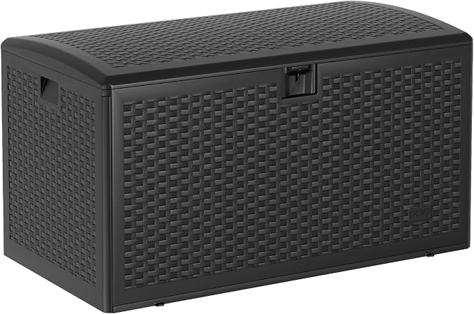 73 Gallon Waterproof Large Resin Deck Box Indoor Outdoor, Lockable Storage Container for Patio Furniture Cushions, Throw Pillows, Garden Tools, and Pool Floats, Black