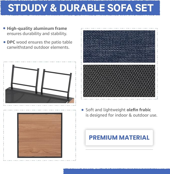 SUNSITT 4-Piece Outdoor Patio Furniture Set L-Shaped Aluminum Sectional Sofa with Faux Wood Grain Top Coffee Table, All-Weather Patio Conversation Set with Cushions, Blue