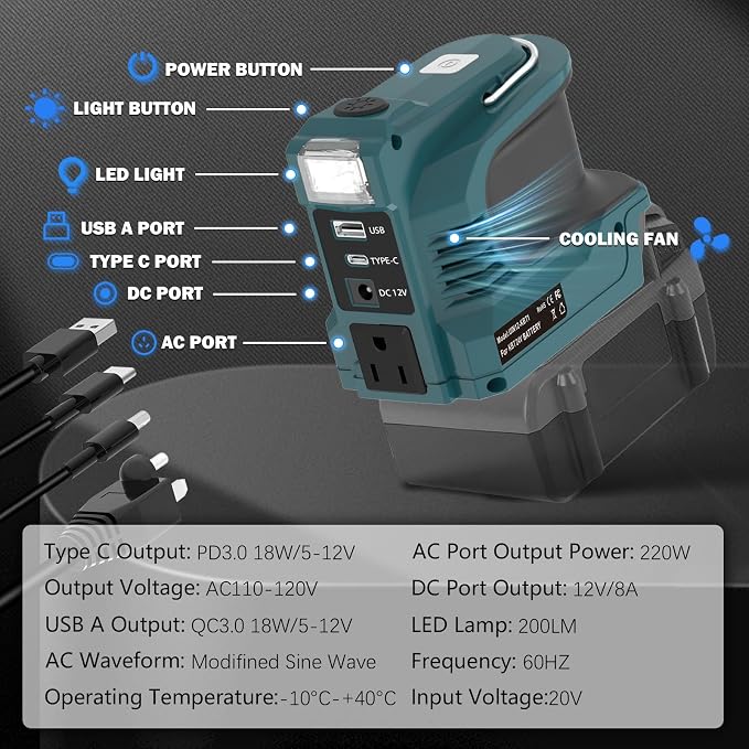 for Kobalt 24V Battery 220W Power Inverter,DC 20V to AC 110-120V Battery Inverter,Power Station Charger Adapter with 1 USB Port & 1 Type-C & 1 AC Outlet &1 DC Output 12V/5A,LED Light