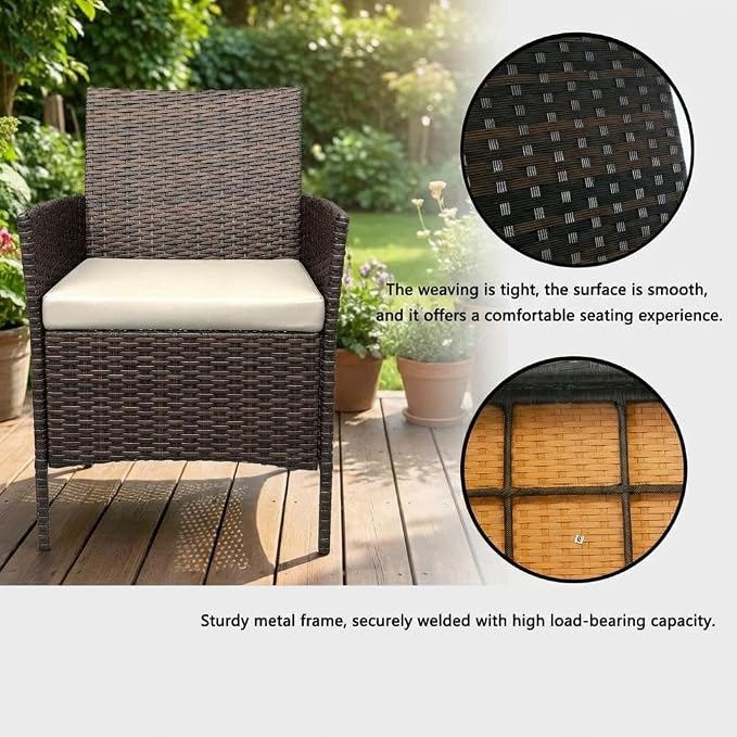 3PCS Outdoor Patio Bistro Set, PE Rattan Wicker Armchairs with Water-Resistant Cushions & Tempered Glass Coffee Table, All-Weather Conversation Set for Garden, Backyard, Porch, Poolside, Brown/Beige