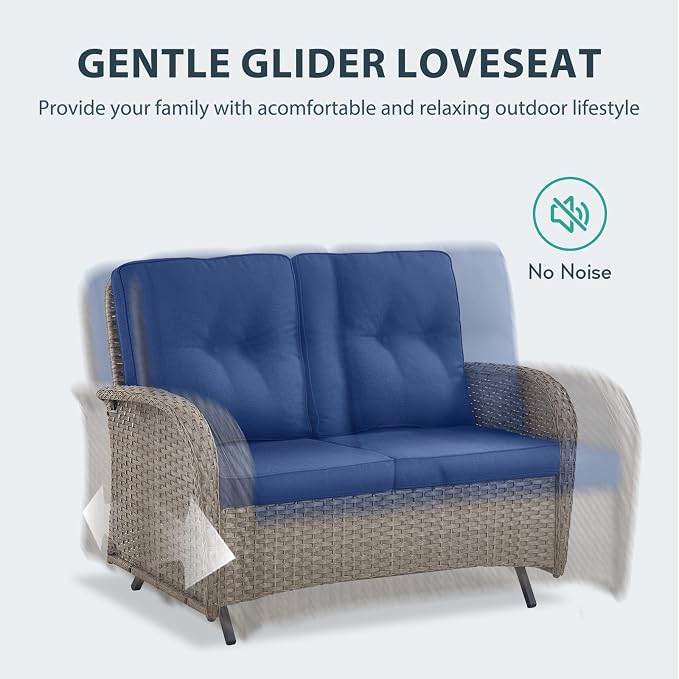 6 Piece Patio Furniture Set - Wicker Patio Conversation Set with Swivel Glider, Glider Loveseat, Tempered Glass Side Table and 2 Ottomans for Deck Backyard - Grey Wicker Blue Cushion