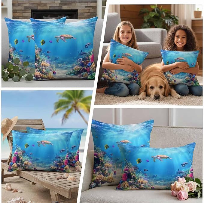 Ocean Turtle Waterproof Outdoor Pillow Covers Set of 2 Home Decor, Blue Beach Summer Dolphin Whale Coral Fish Pillowcase Patio Pillow Covers for Couch Bench Furniture Garden 24x24in