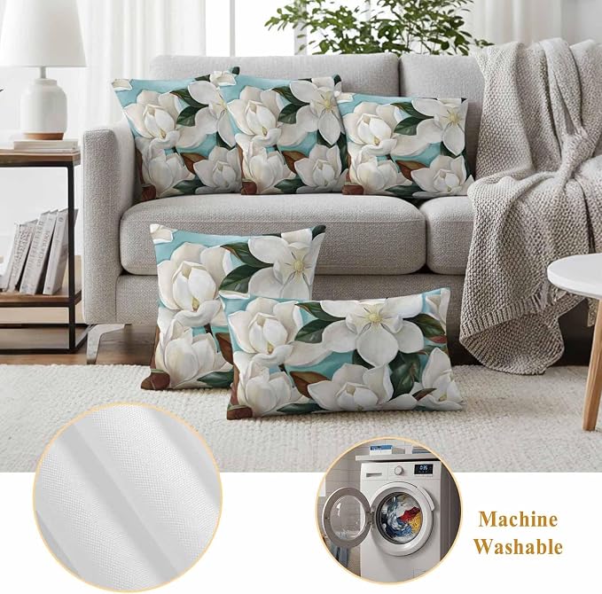 Outdoor Pillow Covers Waterproof, Close-up Blooming White Magnolia with Green Leaves All Weather Cushion Case Set of 2, Oil Painting Flower Decorative Pillowcases for Sofa Patio Furniture 24"x24"