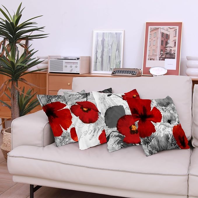 Black Red Flower Pillow Covers Love Pillow Covers Decorative Linen Square Throw Pillow Covers Couple Cushion Cases Home Decor for Sofa Bedroom Car 16x16Inch
