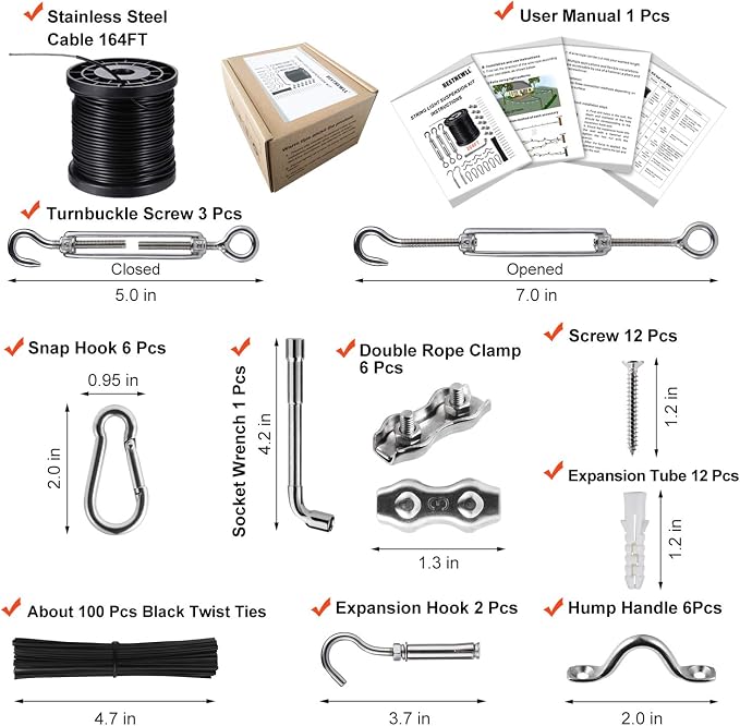 Outdoor String Light Hanging Kit Includ 164 FT Nylon Rope Cable | 304 Stainless Steel Turnbuckle & Hooks,Globe Light Suspension Kits,Patio Lights Guide Wire,Enough Accessories,Use Manual