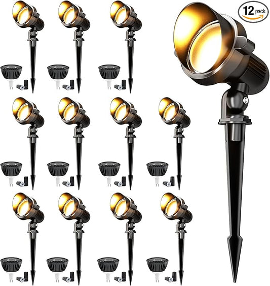 LED Landscape spotlights Yard: 10W MR16 Low Voltage Landscape Lights 12-24V 3000K Warm White - Outdoor Garden Driveway Wall Lighting for Contractors - 12 Pack