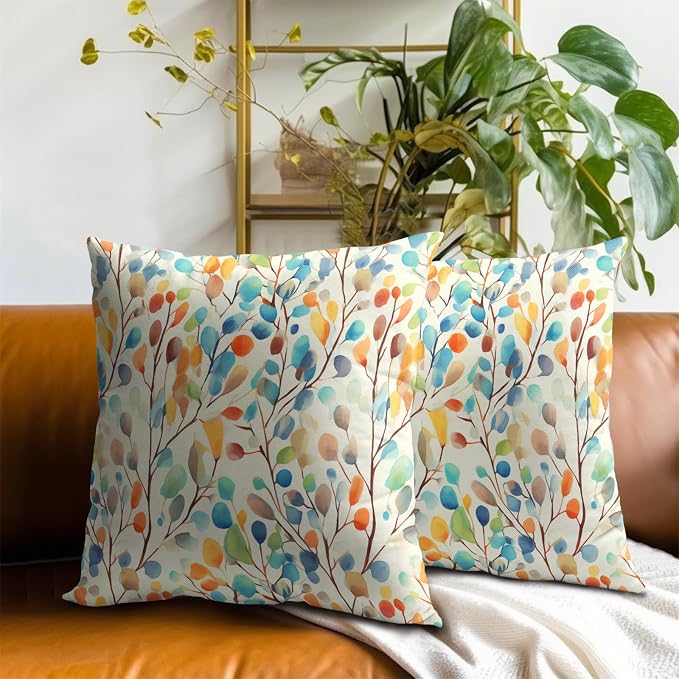 Boho Floral Pillow Covers 22x22 Inch Set of 2- Colorful Botanical Flower Leaves Bohemian Decorative Throw Pillowcase Soft Cushion Cover for Sofa Couch Bed Patio Living Room