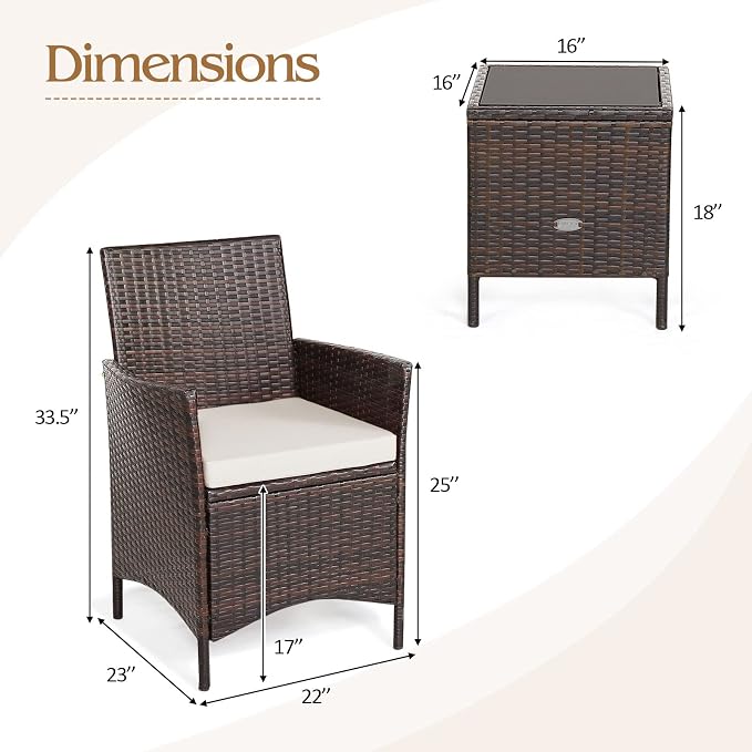 Tangkula 3-Piece Patio Conversation Set, Wicker Chairs with Glass Top Square Coffee Table & Cushions, All-Weather Outdoor Rattan Furniture Set for Garden Backyard Balcony Poolside (White)