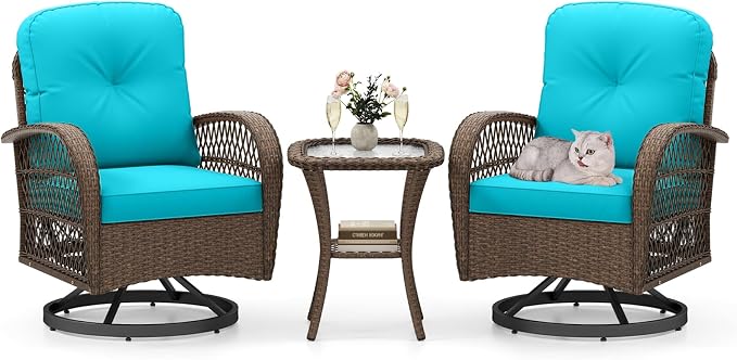 HAPPYGRILL 3 Pieces Patio Furniture Set Outdoor Rattan Swivel Rocker Chairs with Side Table, Outside Sectional Conversation Set with Swivel Rocking Chairs for Deck Porch Garden (Turquoise)