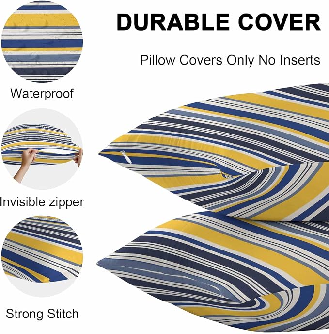 Outdoor Waterproof Throw Pillow Covers Set of 2 Yellow Stripes Lines Lumbar Pillowcases 20x12 Inches Navy Blue Classic Striped Decorative Pillows Cushion Case Patio Pillows for Couch Bed Chair Garden