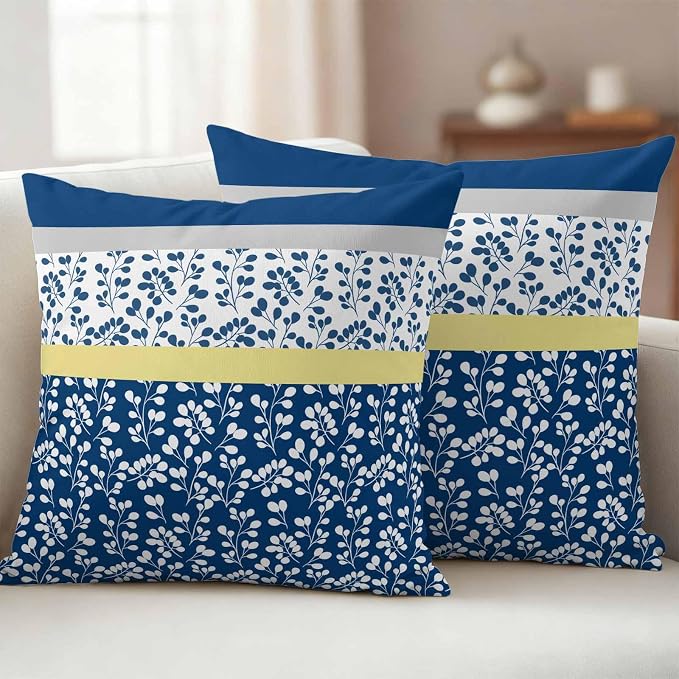 Blue Yellow Outdoor Pillow Covers 20x20 Inch Throw Pillow Covers Set of 2 Waterproof Decorative Pillow Cases Botanical Floral Motifs Wildflower Striped Cushion Covers for Patio Furniture Garden Couch