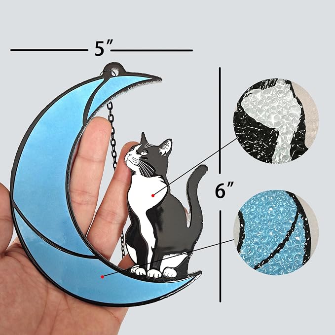 Black and White Cat Gift,Tuxedo Cat Stained Glass Art Suncatcher | Cat memorial gift and home decor for cat lovers, family, or friends; hangs in windows, patios, or gardens to honor memories