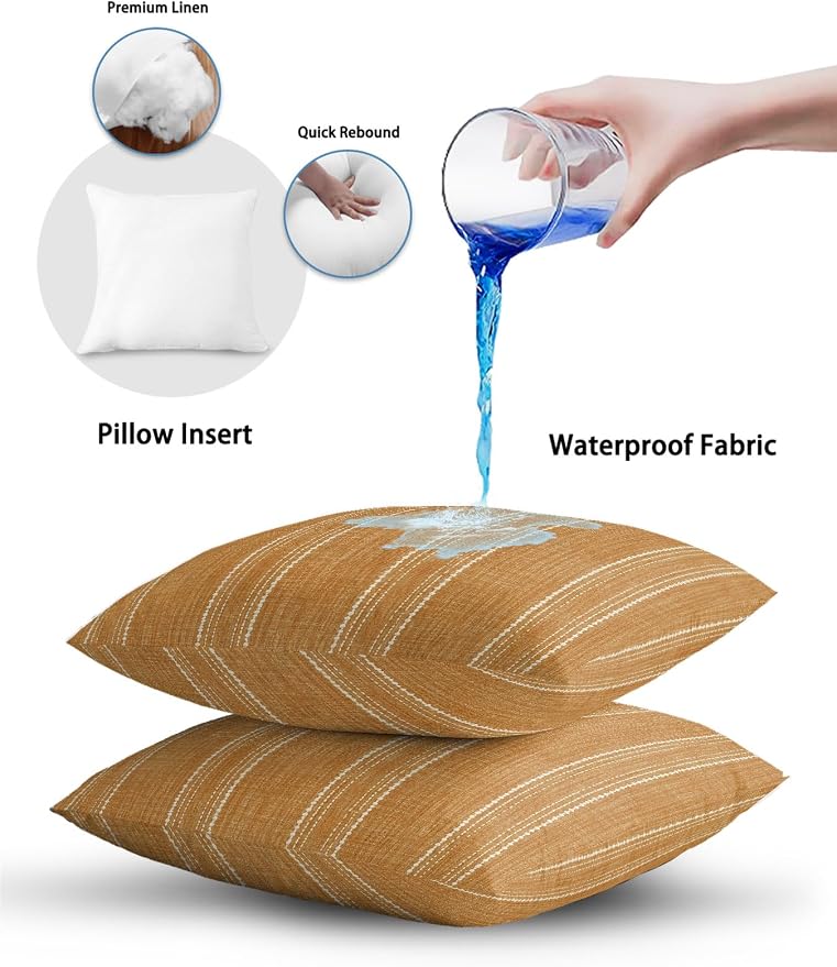 Waterproof Outdoor Pillow 1 Pack Orange Linen Stripes Decorative Throw Pillows Cover & Insert 16x16 Inch Pillowcase Parallel Vertical Lines Pillows for Couch Sofa Bed Patio Furniture Indoor Outdoor