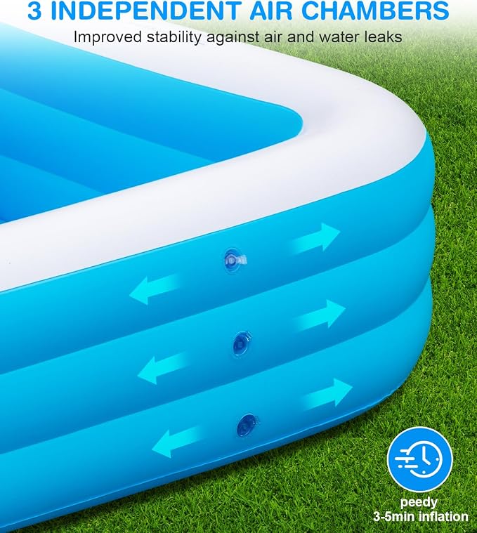 Large Inflatable Swimming Pool - GISAEV 145" x 74" x 22" Oversized Family Blow Up Pool for Adults & Kids, Sturdy Thickened Backyard Kiddie Pool, Easy Setup & Portable (145 Pale)