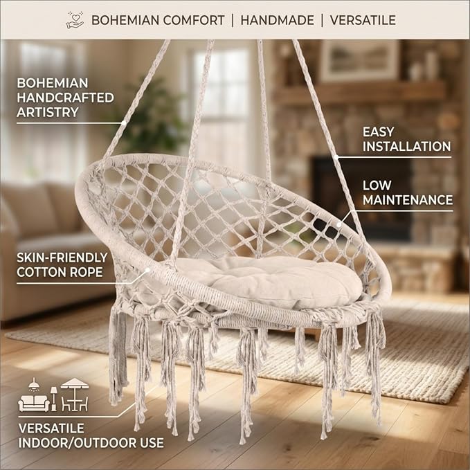 Cotton Woven Hammock Chair, 600 LBS Light Beige Handmade Macrame Hammock Without Stand, Indoor Outdoor Hammock for Patio Bedroom Garden Reading Decor