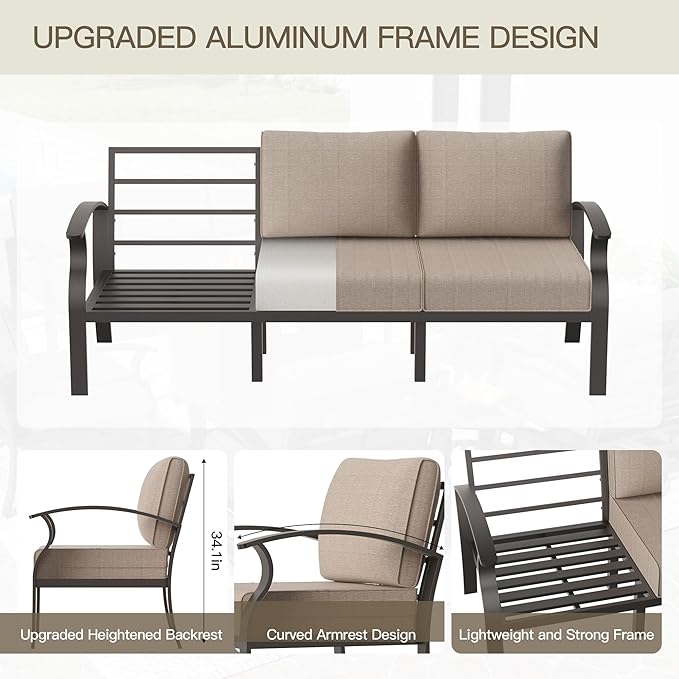 Aluminum Patio Furniture Set with 55,000 BTU Propane Fire Pit Table,8 Seats Metal Modern Outdoor Furniture w/5.1" Cushions,Patio Sectional w/Swivel Chairs for Patio,Backyard,Sand