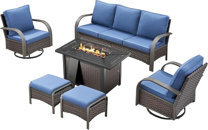 HUMMUH Patio Conversation Sets with Fire Pit-All Weather Wicker Outdoor Swivel Chair with Patio Couch Outdoor Patio Furniture for Deck Porch Garden Poolside Backyard-Brown/Blue