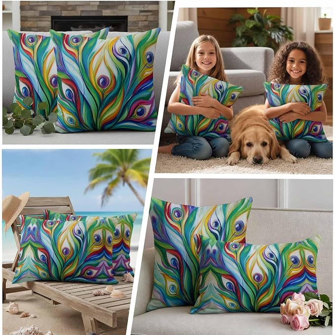 Outdoor Waterproof Pillow Covers 16x16Inch Peacock Feathers Colorful Gradient Throw Pillowcases for Patio Garden Couch Sofa Vibrant Abstract Art Decorative Cushin Case,Pack of 2