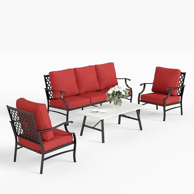 SUNSHINE VALLEY 4 Piece Metal Outdoor Patio Furniture Sets, Patio Conversation Sets 1 3-Seater Sofa, 2 Fixed Chair with 5.75" Extra Thick Cushion and Coffee Table, Black Frame Backyard Furniture, Red