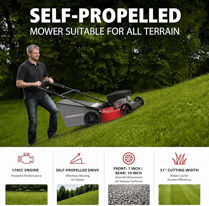 PowerSmart 21-Inch Gas Self-Propelled Lawn Mower, 170cc OHV Engine, Reinforced Steel Deck, 3-in-1 Bagging/Mulching/Rear Discharge, 6 Cutting Heights (1.5"–3.9"), 10" Rear Wheels, Foldable Handle