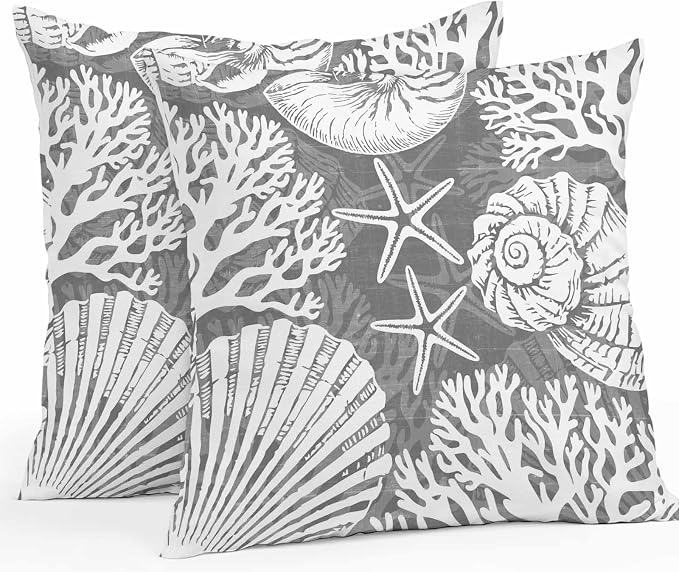 Outdoor Pillow Covers 26x26 Inch Set of 2, Grey Starfish Coastal Waterproof Throw Pillow Covers, Summer Coral Shell Beach Nautical Decorative Cushion Pillowcases for Couch, Sofa, Bed, Garden, Patio