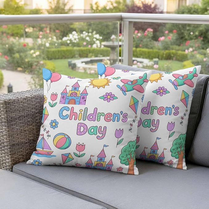 Pack of 2 Children's Day Outdoor Pillow Covers Decorative, Waterproof Pillow Protector, Airplanes Sailing Boats Tree Cartoon School Throw Pillowcases Accent Cushion Cases for Patio Couch Sofa 16"x16"