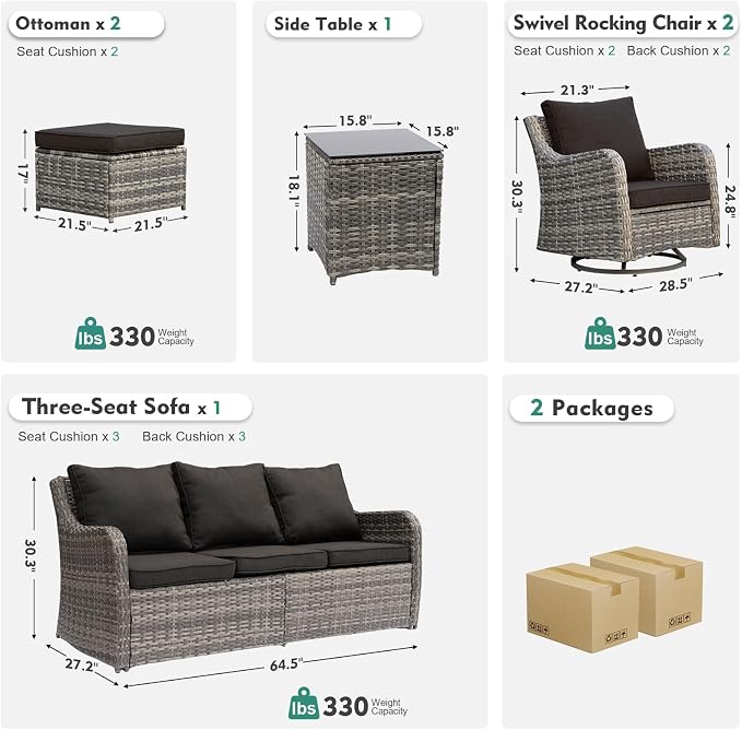 MEISSALIVVE Patio Furniture Set with Swivel Rocking Chairs, 6 Pieces Patio Conversation Set, Outdoor Wicker Sofa Couch with Waterproof Cushions for Lawn Backyard Porch (Black)