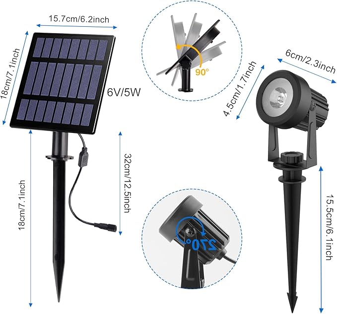 Solar Spot Lights Outdoor, 6000K Cool White Landscape Spotlights IP65 Waterproof 9.8ft Cable, Dusk to Dawn Solar Uplights for Trees Garden Yard Driveway Porch Walkway Pool (6-in-1)