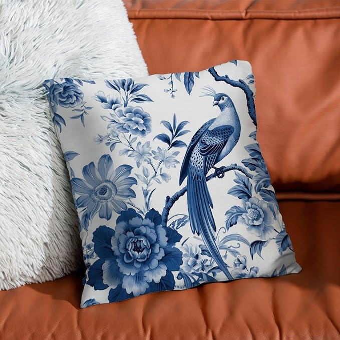 Throw Pillow Covers Blue Indigo Floral Chinoiserie Cushion Cover Modern Asian Navy Lotus Bird Pillow Cover Accent Square Couch Sofa Cushion Covers for Bedroom Sofa Bench Porch 18x18 in