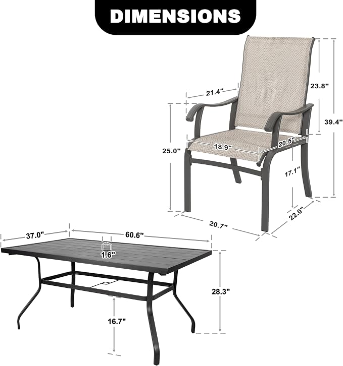 NUU GARDEN 7 Piece Outdoor Dining Set, 6 Textilene Dining Chairs and 60.6'' Rectangular Slatted Table with Umbrella Hole, Weather-Resistant Patio Dining Furniture for Garden Patio Backyard, Beige