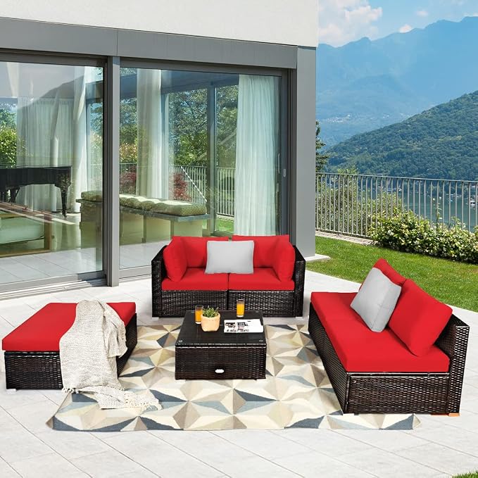 RELAX4LIFE 6-Piece Patio Sofa Set - Outdoor Sectional Sofa Set Wicker Conversation Set w/Table & Removable Cushions, Modular Sofa Set Patio Furniture for Backyard, Poolside, Balcony (Red)