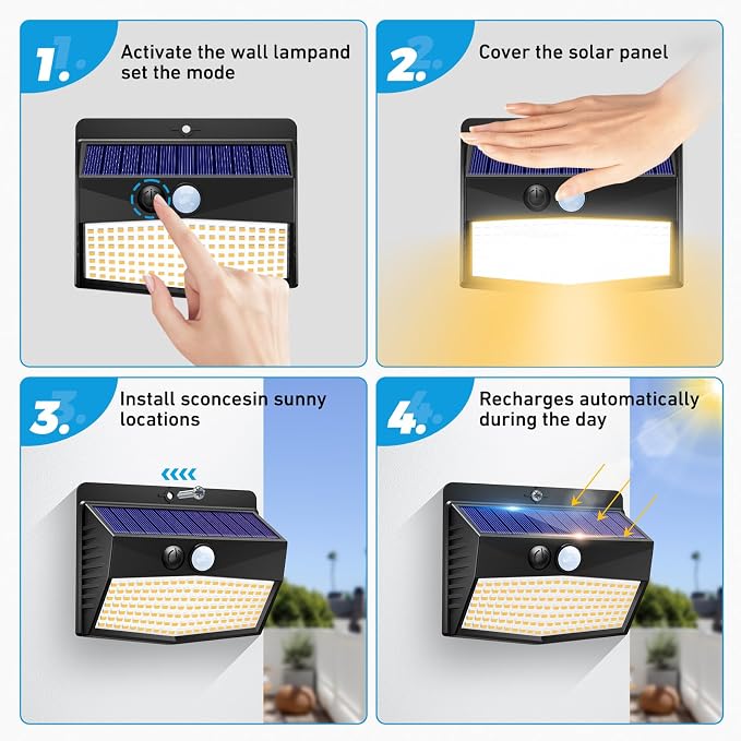 1 Pack Solar Motion Lights Outdoor, Solar Security Light with 3 Modes, IP65 Waterproof Flood Lights Outside for Camping Garden Patio Garage Backyard, Warm