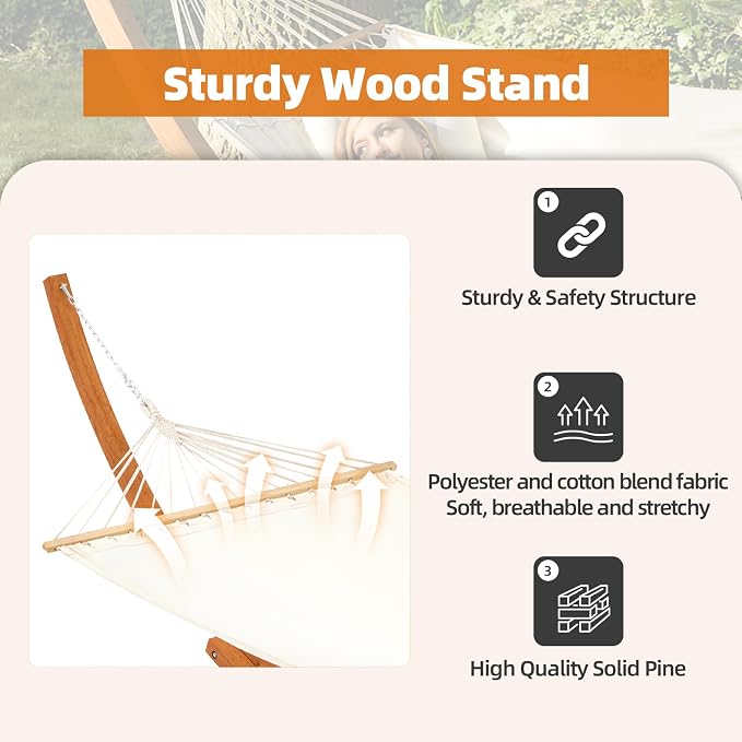 ECOTOUGE 14 FT Wooden Hammock with Stand, Outdoor Double Hammock with Wood Stand 2 Person Heavy Duty Hammock and Stand for Outside Backyard, Balcony, Porch, Patio, Garden, 550 lbs Capacity, White