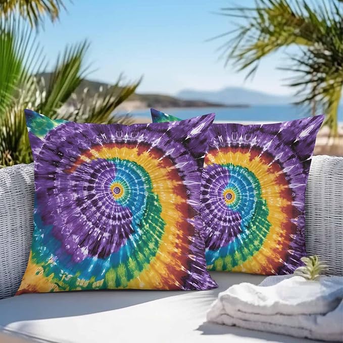 Vandarllin Outdoor Throw Pillows Covers 26x26 inch Set of 2 Waterproof Purple Tie-Dye Art Decorative Zippered Cushion Covers for Patio Furniture, Abstract Boho Tribe Lumbar Pillowcases