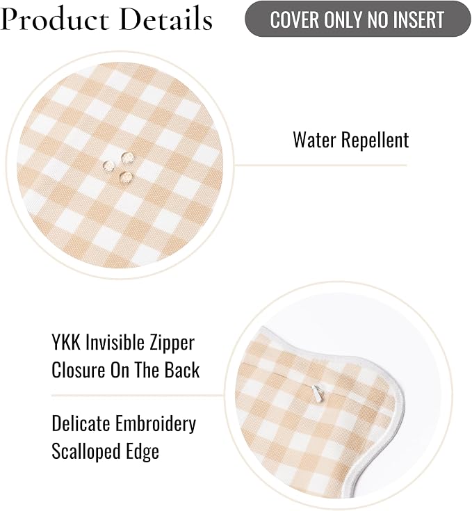 Hofdeco Premium Coastal Hampton Scalloped Patio Indoor Outdoor Lumbar Pillow Cover Only, 12"x20" Water Repellent for Backyard, Couch, Poolside, Neutral Tan Print Gingham