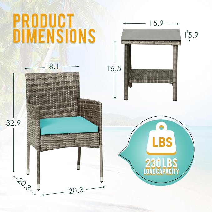 PayLessHere Set of 3 Outdoor Furniture Set Patio Furniture Set Gray Conversation Set with 2 Rattan Chairs Glass Coffee Table for Coffee Bar Poolside Patio Outdoor, Blue Cushions