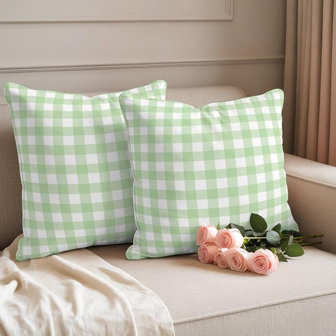 Mint Green Checks Outdoor Pillow Covers 20"x20" Set of 2, Gingham Plaid Abstract Modern Minimalist Waterproof Throw Pillow Covers for Patio Furniture, Decorative Cushion Covers for Porch