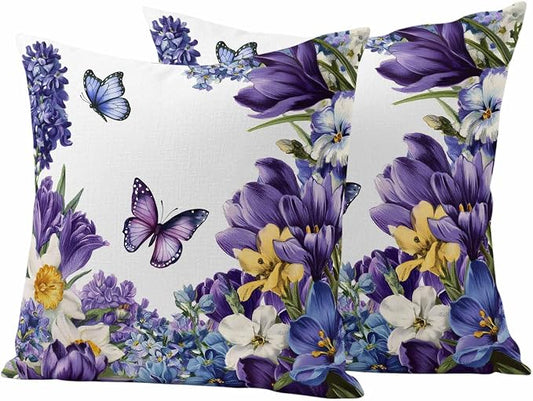 Outdoor Waterproof Pillow Covers for Patio Furniture Purple Blue Flowers Butterfly Throw Pillow Cover Watercolor Floral White Pillowcases Set of 2 Cushion Case for Sofa Couch Chair 20x20 inch