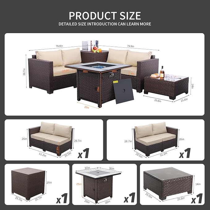 WAROOM Patio Furniture Set 5 Pieces Outdoor Conversation Sets PE Rattan Couch Loveseat Resin Wicker Sectional Sofa with Storage Box Coffee Table and Propane Fire Pit, Khaki Cushion